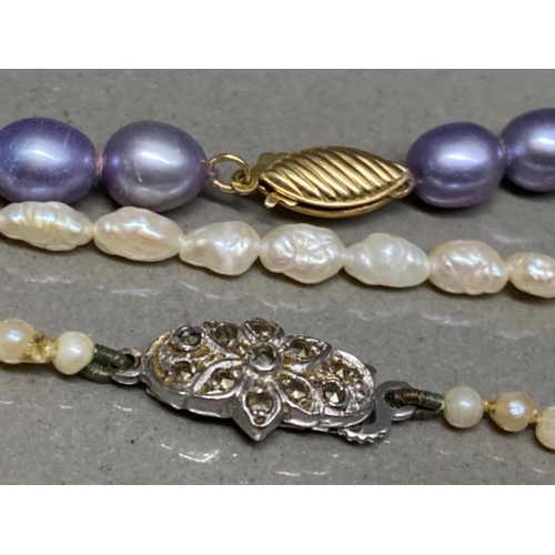 135 - Lavender pearl necklace with 14k gold catch along with another pearl necklace with silver & Marcasit... 