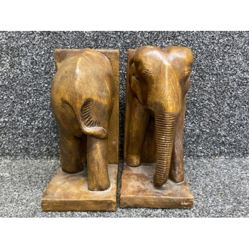 171 - Hand carved wooden elephant bookends (front & back of body)