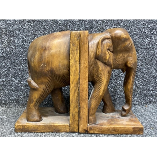 171 - Hand carved wooden elephant bookends (front & back of body)