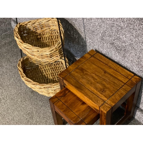 174 - Wicker & metal framed corner what not stand & a small exotic wooden nest of 2 tables