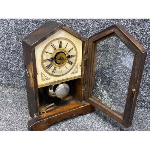 177 - Vintage Pioneer made mahogany mantle clock, with key & pendulum