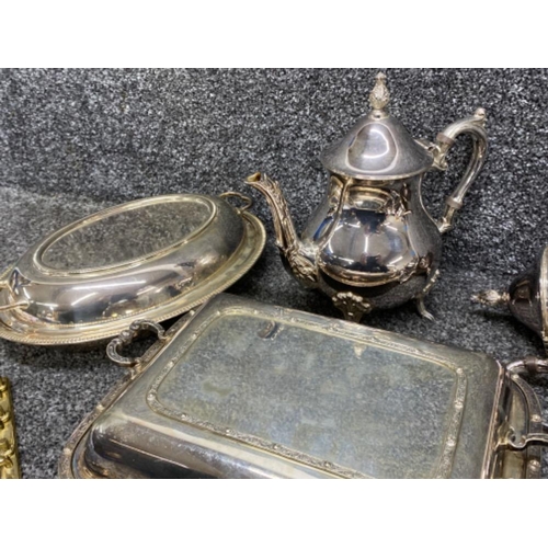 179 - Silver plated 4 piece tea service together with 2x lidded tureens & brass key hook wall fixture