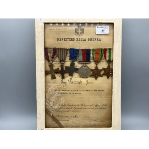 185 - Framed certificate with Italian and Polish war medals dated 1946