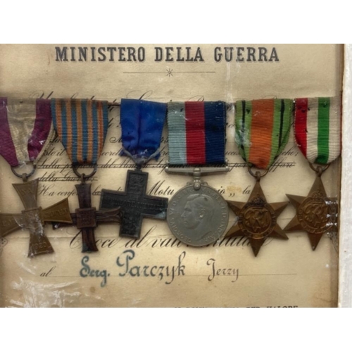 185 - Framed certificate with Italian and Polish war medals dated 1946