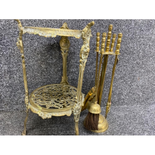 20 - Vintage brass 2 tier trivet stand together with a brass fire companion