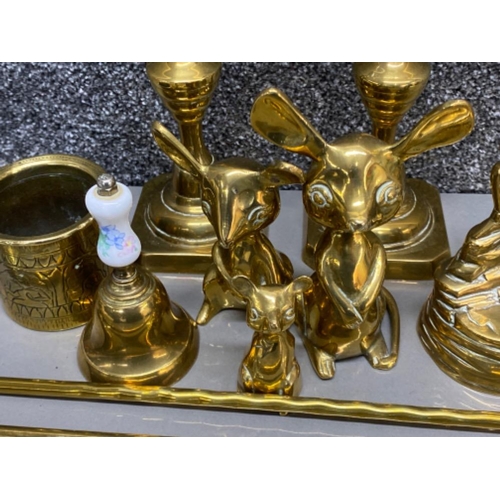 27 - Tray of miscellaneous brass items includes pair of candlesticks, 3x mice, miner ornament etc