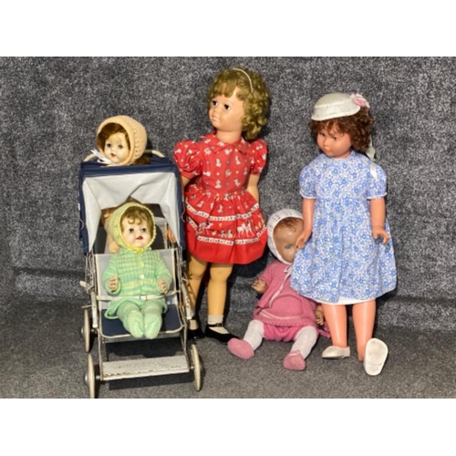 329 - Group lot of vintage & older childrens dolls also includes metal 2 seater (twins) dolls pram