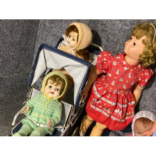 329 - Group lot of vintage & older childrens dolls also includes metal 2 seater (twins) dolls pram