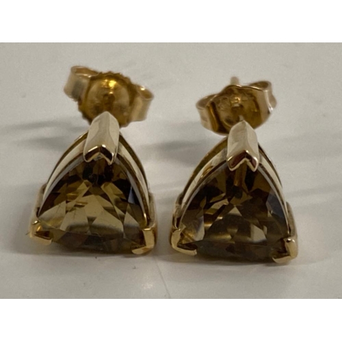 339 - 9ct yellow gold Earrings pair - claw set with triangle champagne quartz stones, 2g gross