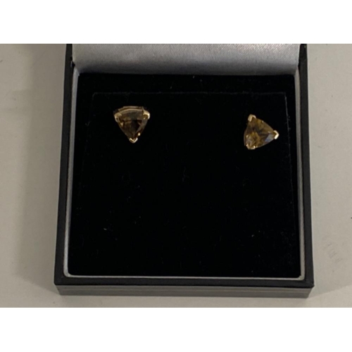 339 - 9ct yellow gold Earrings pair - claw set with triangle champagne quartz stones, 2g gross