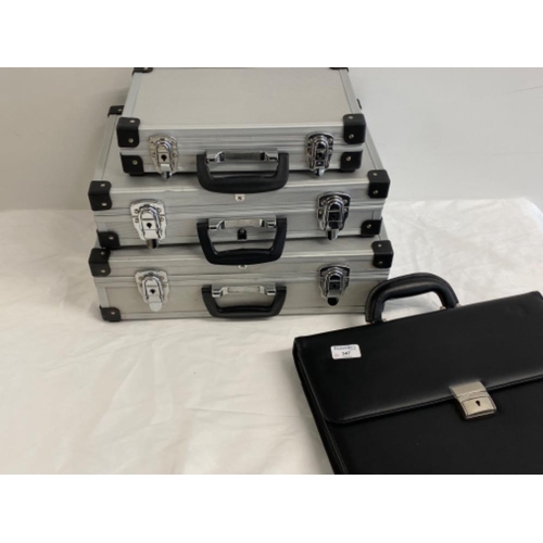 347 - Graduate set 3 metal bound storage boxes together with a faux leather bag