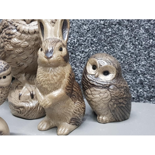 7 - Total of 5 Poole pottery animal figures, includes 2x Owls, rabbit & 2x sparrows, signed or with init... 