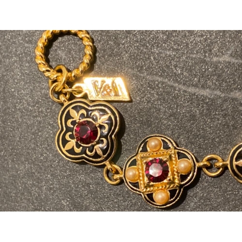 96 - 3 pieces of nicely decorated costume jewellery by V&A Museum, includes gilt & redstone bracelet, fly... 