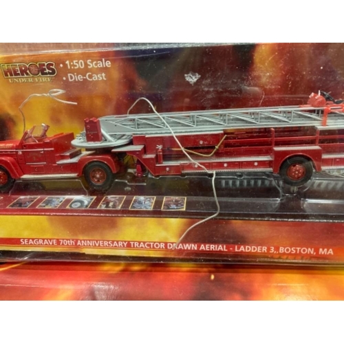 108 - Corgi Heroes Under Fire Seagrave 70th Anniversary Tractor Drawn Aerial and Seagrave K both in origin... 