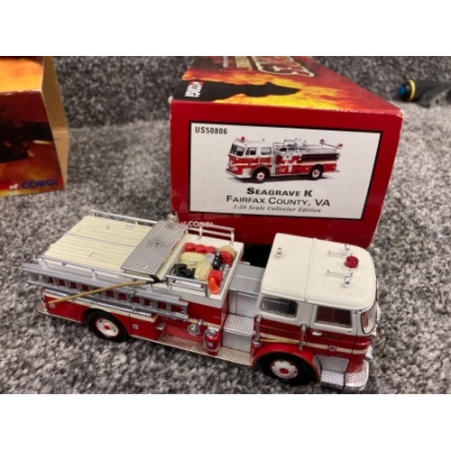 108 - Corgi Heroes Under Fire Seagrave 70th Anniversary Tractor Drawn Aerial and Seagrave K both in origin... 