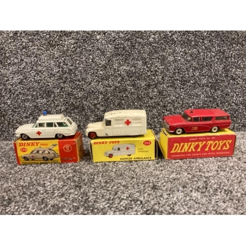 109 - Dinky Toys: Vauxhall Ambulance no 278, Daimler Ambulance no 253, and Canadian Fire Chief’s Car no 25... 