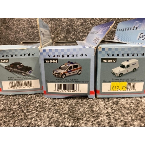 115 - Corgi Vanguards Police cars including Morris Minor Van and Ford Anglia Van x5 all boxed