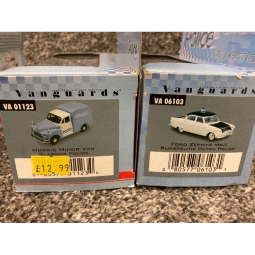 115 - Corgi Vanguards Police cars including Morris Minor Van and Ford Anglia Van x5 all boxed