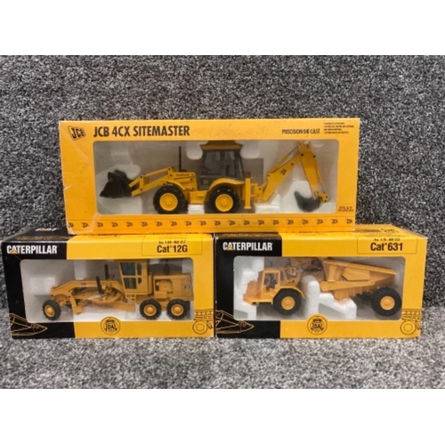 121 - Two CAT die cast models Motor Grader 13G and Tractor with Dumper 631, and JCB 4CX Sitemaster all box... 