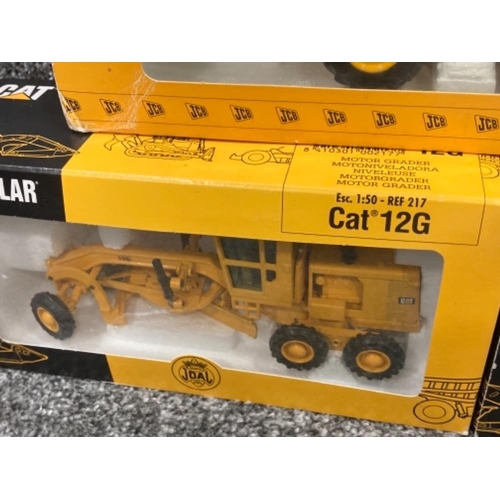 121 - Two CAT die cast models Motor Grader 13G and Tractor with Dumper 631, and JCB 4CX Sitemaster all box... 