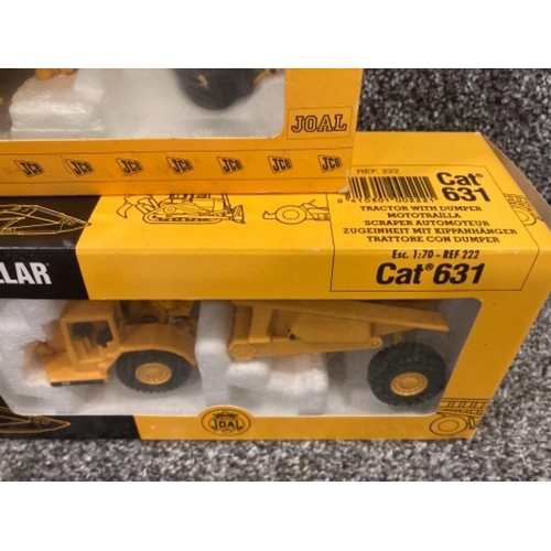 121 - Two CAT die cast models Motor Grader 13G and Tractor with Dumper 631, and JCB 4CX Sitemaster all box... 