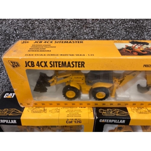 121 - Two CAT die cast models Motor Grader 13G and Tractor with Dumper 631, and JCB 4CX Sitemaster all box... 