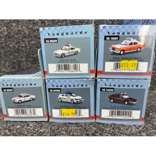 31 - Corgi vanguards police die cast vehicles x5. Including jaguar and Ford cortina all in original boxes