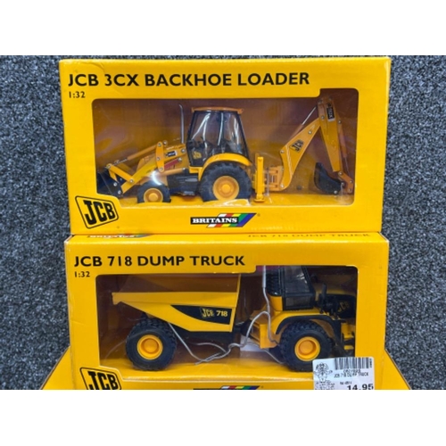 49 - Britains JCB 1:32 scale vehicles. Excavator, back-hole loader and Dump truck all in original boxes