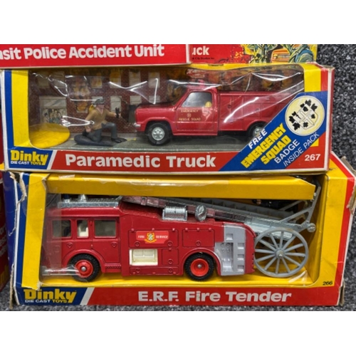 7 - Dinky die cast Emergency vehicles x5. Including E.R.F Fire tender, Paramedic truck, Airport fire res... 