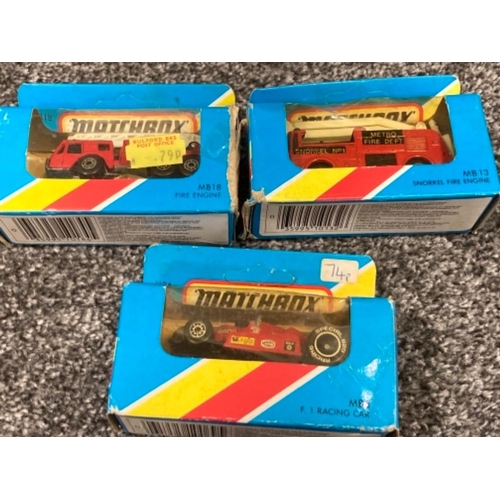 77 - Matchbox MB series to include fire engines, rocket transporter and F1 racing car x6 all boxed