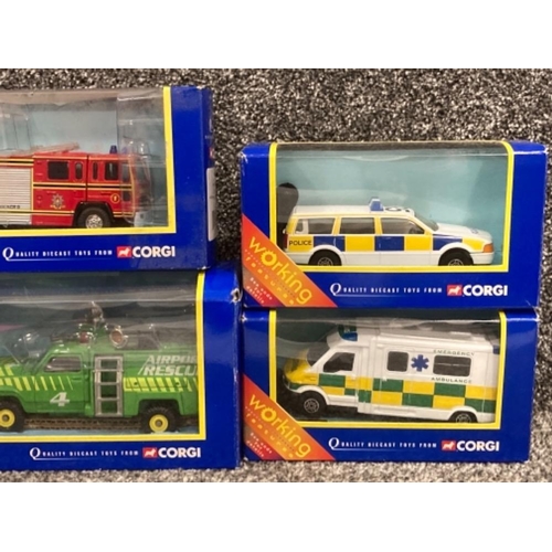 84 - Corgi Working Features die cast vehicles to include Volvo fire engine and Angus fire tender x5