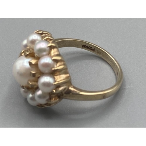 103 - Ladies 9ct yellow gold and pearl cluster ring size M 5.2g gross