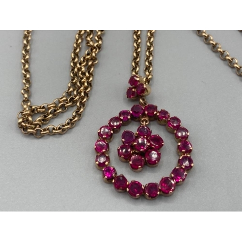 137 - Ladies antique 14ct yellow gold red stone cluster pendant on 9ct belcher chain (30cm long) 17g gross