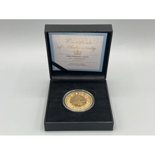 235 - The Royal engagement 24ct gold plated commemorative coin with certificate and also HRH Prince Louis ... 