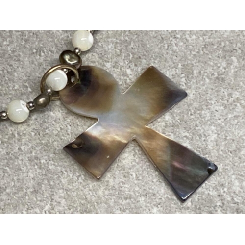 264 - Mother of Pearl cross pendant with a freshwater Pearl & mother of Pearl beaded necklace