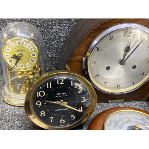 333 - Tray of clocks - includes mahogany mantle clock, brass effect anniversary clock with glass dome, ret... 