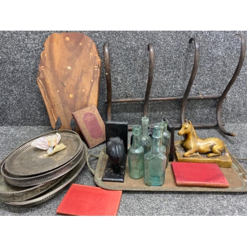 336 - Large lot comprising of coat racks, silver plated trays & a tray containing vintage bottles, elephan... 