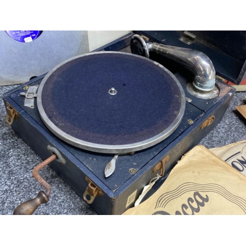 350 - Vintage portable table top gramophone & box of miscellaneous Records