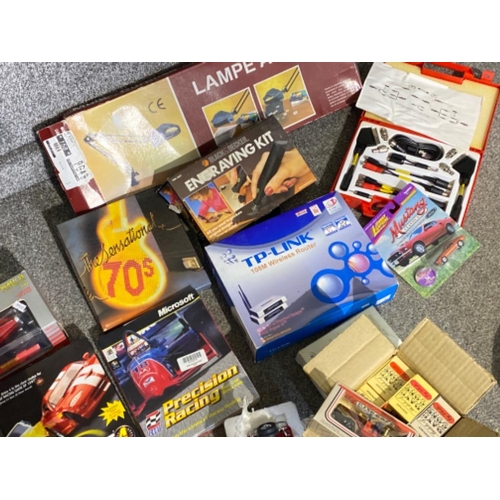 369 - Box containing miscellaneous items including diecast cars, PC games, desk lamp etc