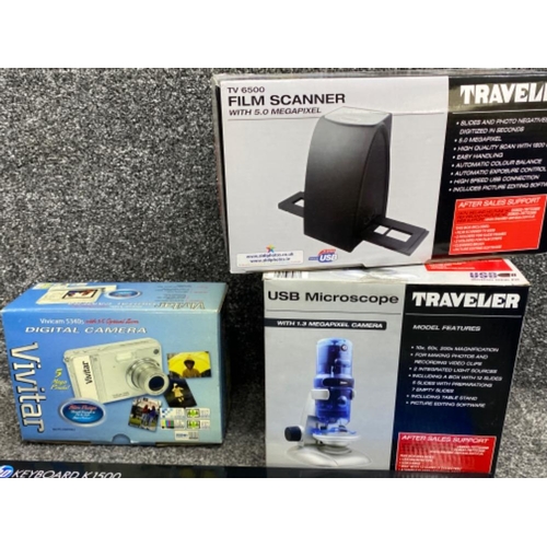 380 - Traveler USB Microscope & film scanner together with Vivitar digital camera & HP keyboard etc