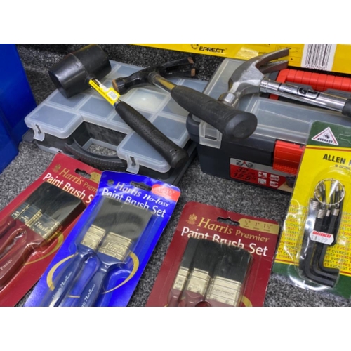 382 - Box containing miscellaneous hand tools including saws, hammer, tool boxes & brush sets