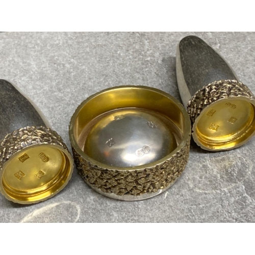 45 - Solid silver 3 piece condiment set hallmarked Birmingham silver 1973, 240.5G gross (Brilliant design... 