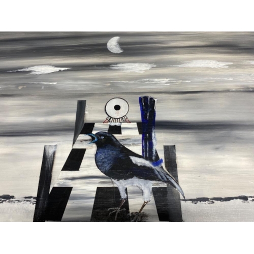 323 - Two acrylic paintings on boards of Newcastle United magpie mascots at sea, both signed by local arti... 