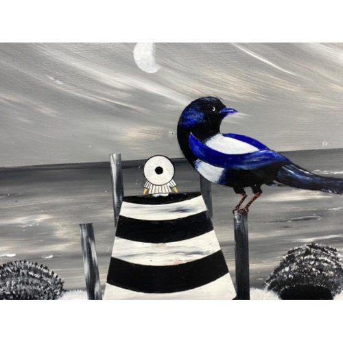 323 - Two acrylic paintings on boards of Newcastle United magpie mascots at sea, both signed by local arti... 