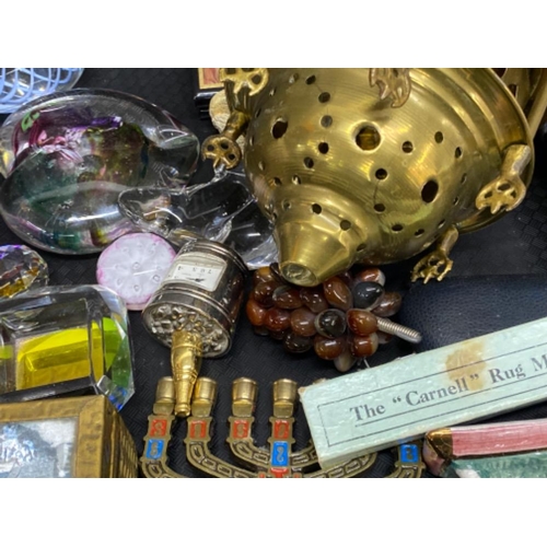 406 - Tray of miscellaneous including paperweights, boxes, Persian style hanging, brass light etc