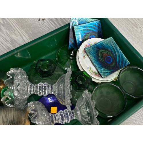 407 - Tray of miscellaneous glass & pottery including glass peacock, coasters, Davidsons green cloud glass... 