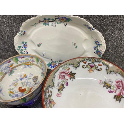 408 - Haviland Limoges meat platter with two antique console or fruit bowls plus large cobalt glass bowl