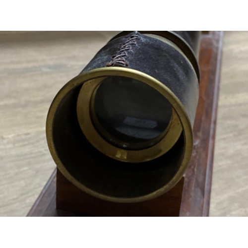 413 - Brass & leather telescopic telescope on stand