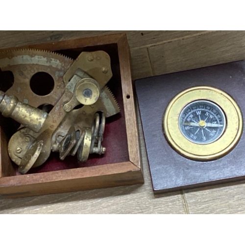 414 - Antique brass sextant in wooden box together with a vintage compass