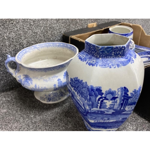 427 - Box containing a quantity of blue & white pottery including willow pattern tea set & vase plus 2 han... 